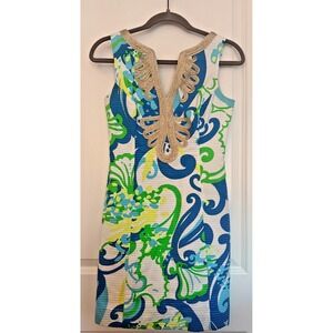 Lilly Pulitzer Janice Shift Dress SMALL Resort White Blue Green Gold Trim